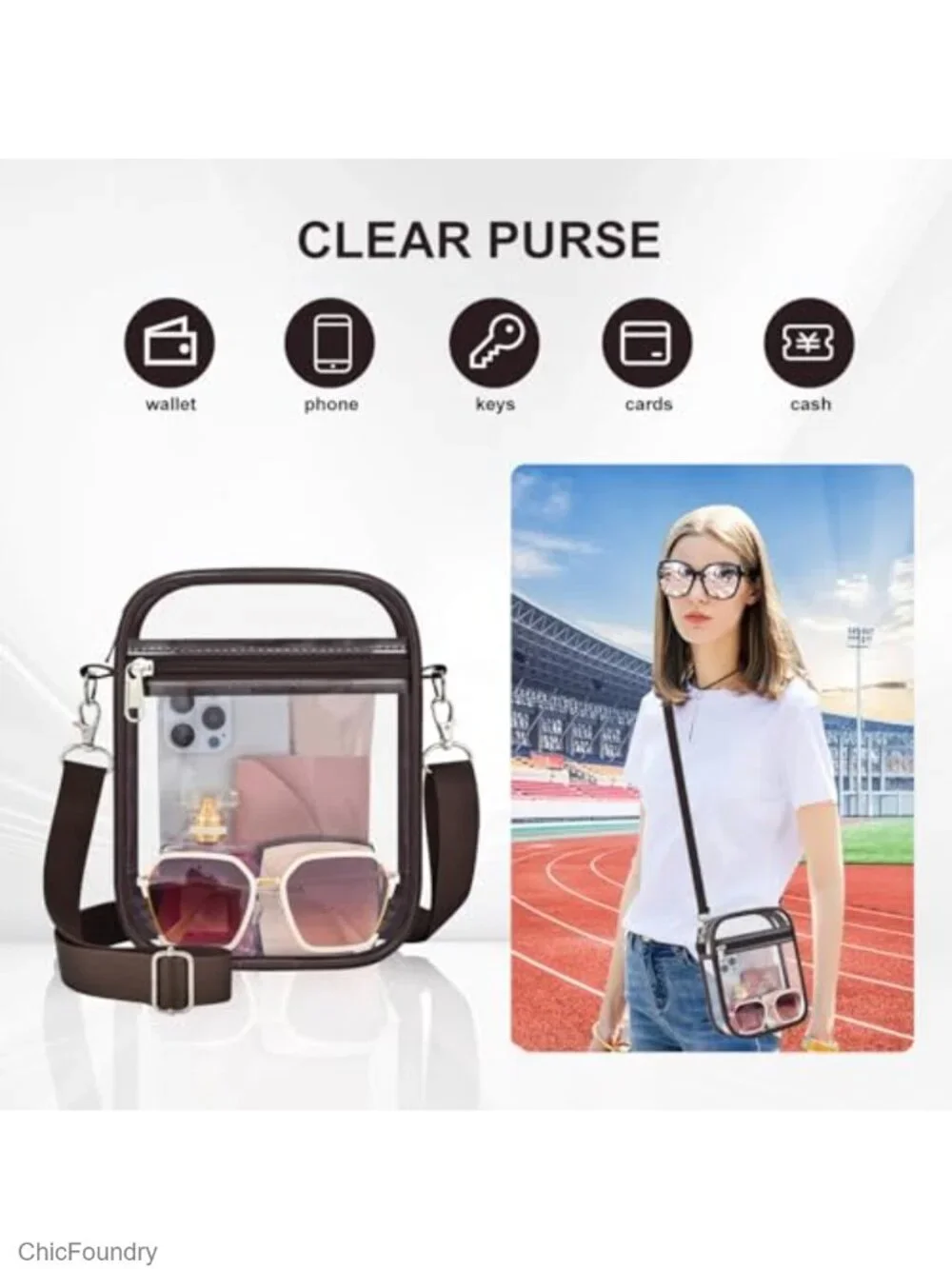 Clear Crossbody Bag for Stadium Events, Waterproof PVC Purse with Removable